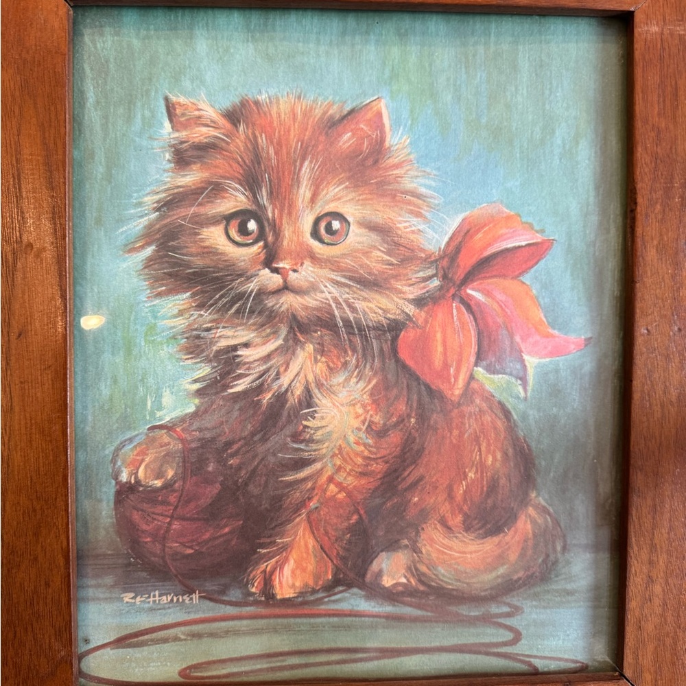 Framed Cat Art with Red Bow